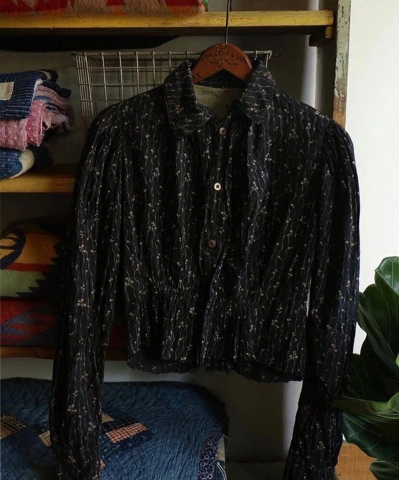 Antique Edwardian black calico cotton blouse - image 1