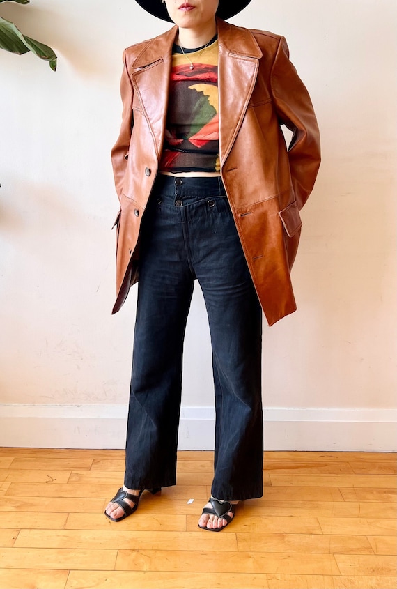 Vintage brown leather trench coat with removable … - image 1