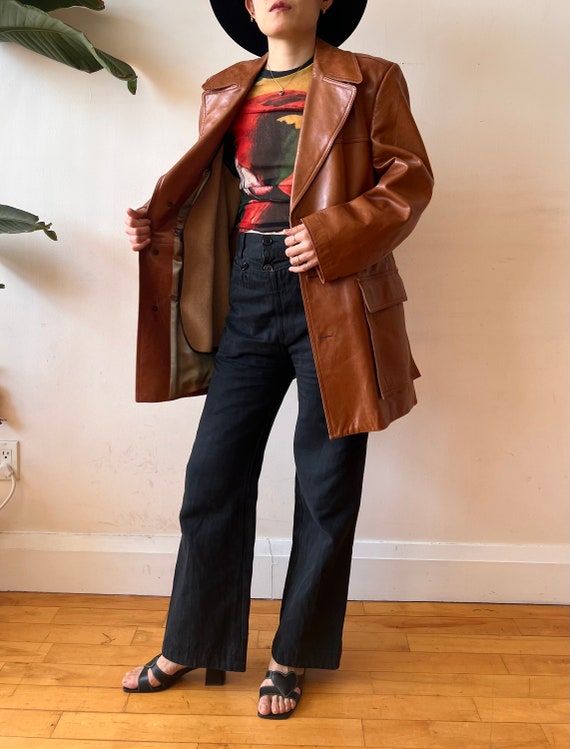 Vintage brown leather trench coat with removable … - image 4