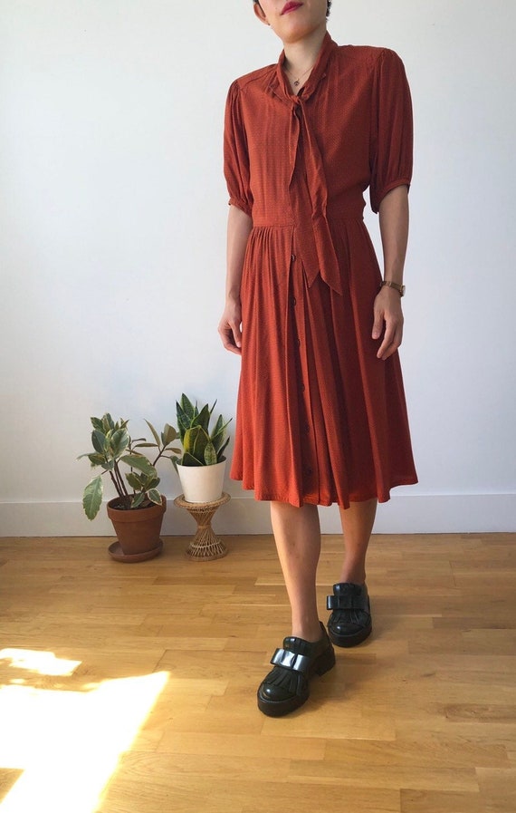 Vintage 70s brick red pattern cotton blend dress |