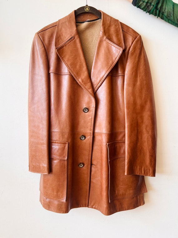 Vintage brown leather trench coat with removable … - image 7