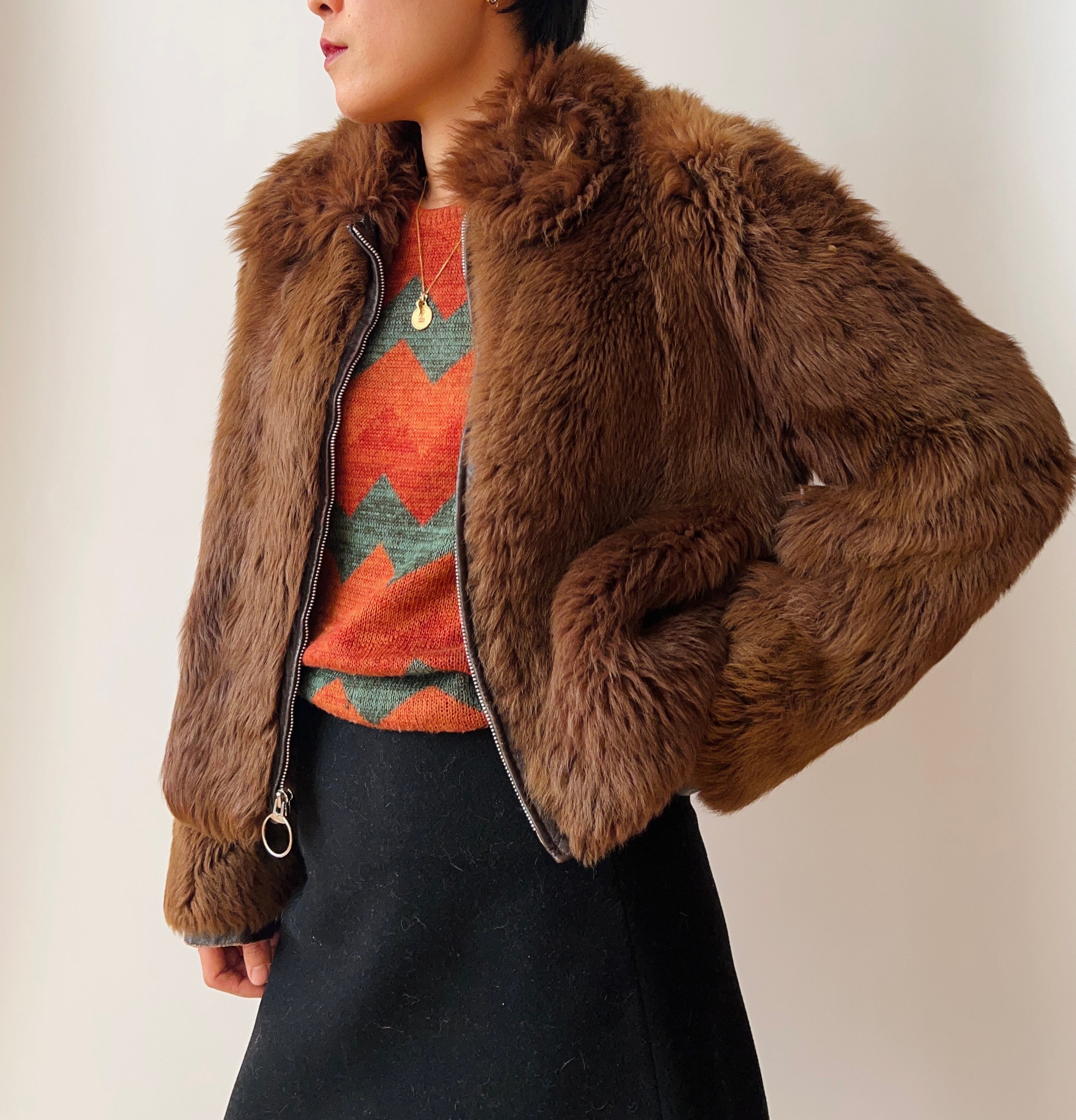1960s Cropped Teddy Bear Brown Fur Jacket With Collar and Zip-up