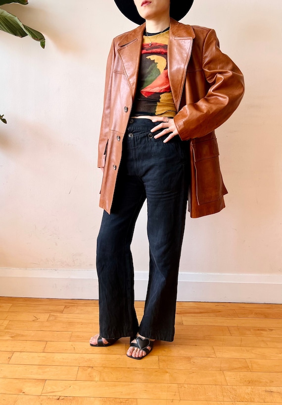 Vintage brown leather trench coat with removable … - image 2