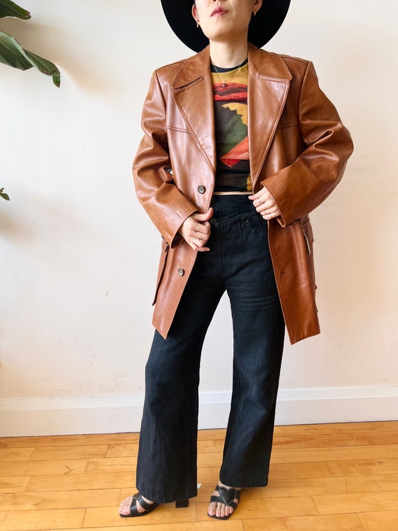 Vintage brown leather trench coat with removable … - image 3