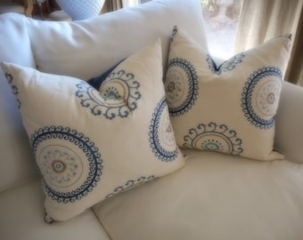 Circular motion motif, blue and off white pillow cover, reversible.