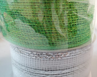 2 Rolls Ribbon Mesh, 2.5" Ribbon, Mesh Ribbon, Green Sparkes Mesh Ribbon, White and Silver Mesh Ribbon, Floral Supplies, Wreath Supplies