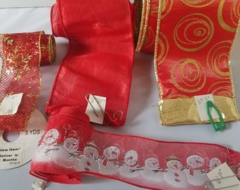 Red and Gold Ribbon, Polka Dot Ribbon, Snowman Ribbon, Velvet Ribbon, Wired Ribbon, 4" Ribbon, 2.5" Ribbon, 4 rolls Red Ribbon