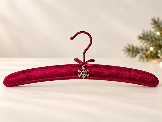 Red Velvet Wedding Dress Hanger with Silver Snowflake Charm – Christmas Bridal Hanger, Winter Wedding Gift