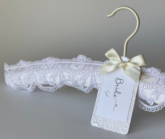 White Embroidered Lace Wedding Hanger with Handmade Label