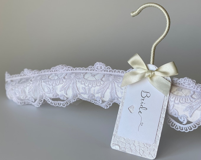 White Embroidered Lace Wedding Hanger with Handmade Label