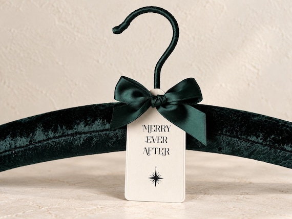 Forest Green Velvet Wedding Dress Hanger, Merry Ever After Tag, Christmas Bridal Gift, Winter Wedding Hanger