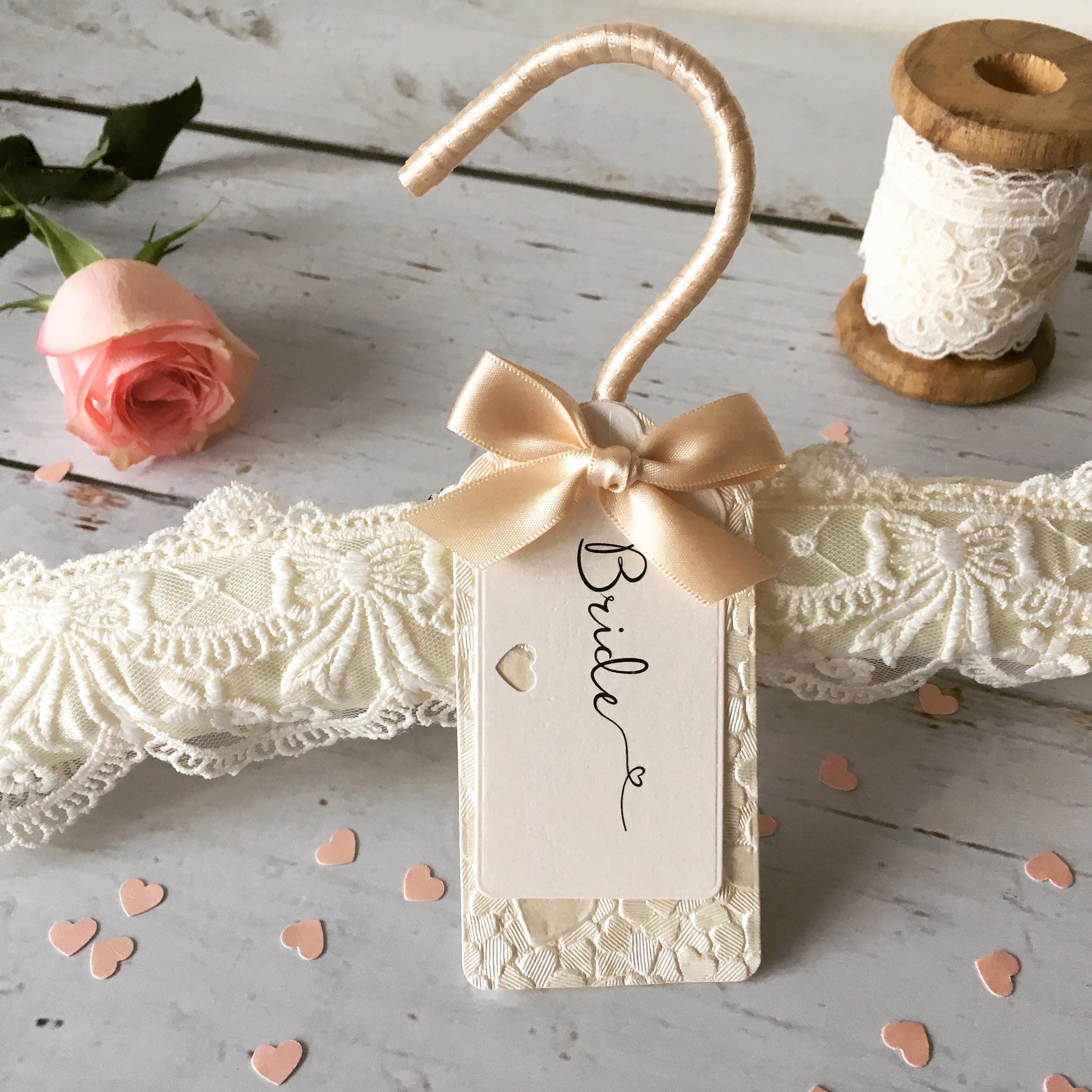 Ivory Embroidered Lace Wedding Hanger with Bespoke Label