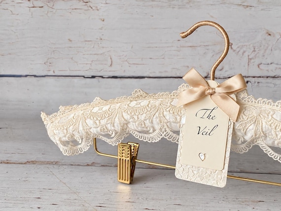 Ivory Lace Wedding Hanger with Gold Clips for Veils & Strapless Dresses, Personalised Bridal Hanger, Bride Gift