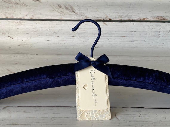 Hand-Sewn Navy Velvet Wedding Hanger, Satin Ribbon Bow