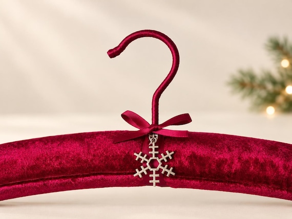 Red Velvet Wedding Dress Hanger with Silver Snowflake Charm – Christmas Bridal Hanger, Winter Wedding Gift