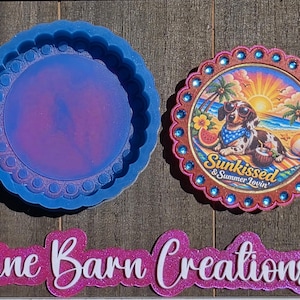 May include: A blue silicone mold with a scalloped edge next to a round, decorative coaster. The coaster features a dachshund wearing sunglasses and a bandana, with the text "Sunkissed & Summer Lovin'". The logo "Pine Barn Creations" is also visible.