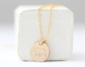 Engraved Bear Disc Necklace – Sterling Silver or 14K Gold Filled
