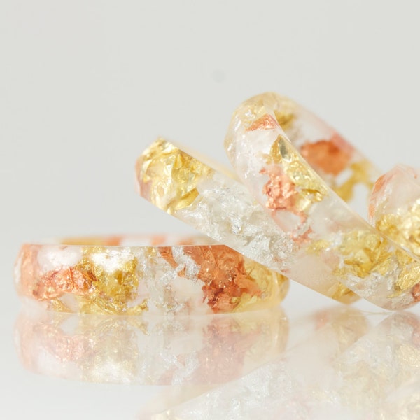 Resin Ring - Clear Eco Resin - Faceted Ring with Gold, Silver & Copper Flakes - Copper Ring - Stack Ring - Resin Jewelry - Copper Jewelry