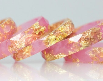 Resin Ring - Flamingo Pink Faceted Eco Resin Ring with Gold Flakes - Resin Jewelry - Stack Ring - Resin Ring Pink - Stacking Ring -22K Gold