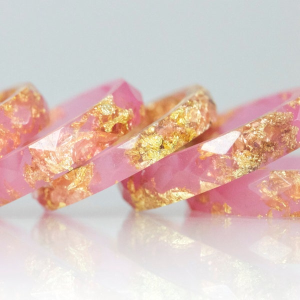 Resin Ring - Flamingo Pink Faceted Eco Resin Ring with Gold Flakes - Resin Jewelry - Stack Ring - Resin Ring Pink - Stacking Ring -22K Gold