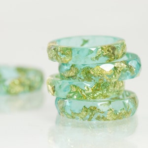 Resin Ring Stack Ring Teal Blue Eco Resin Faceted Ring with Gold Flakes Stacking Ring 22k Gold Flakes Resin Jewelry Teal Ring image 2