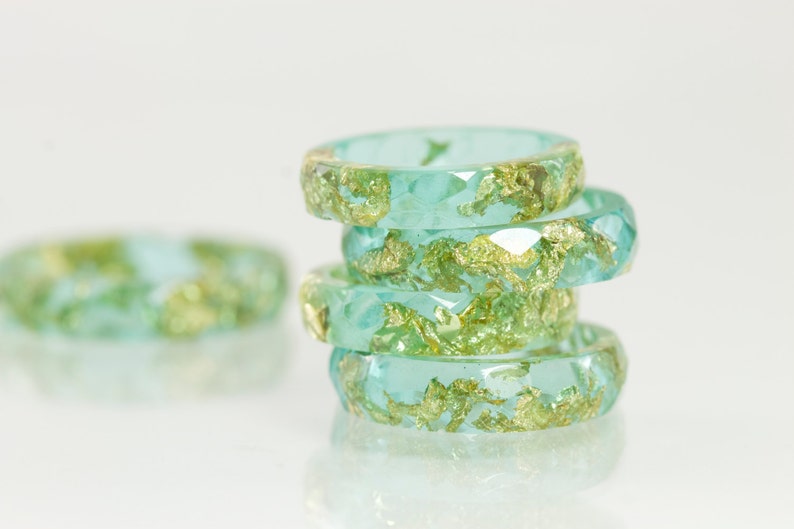 Resin Ring Stack Ring Teal Blue Eco Resin Faceted Ring with Gold Flakes Stacking Ring 22k Gold Flakes Resin Jewelry Teal Ring image 2
