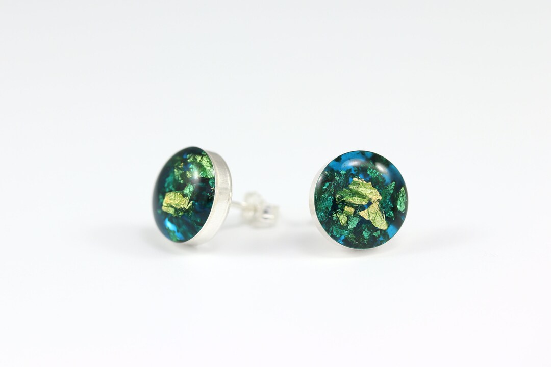 Peacock Blue Stud Earrings With 22K Gold Flakes Resin - Etsy