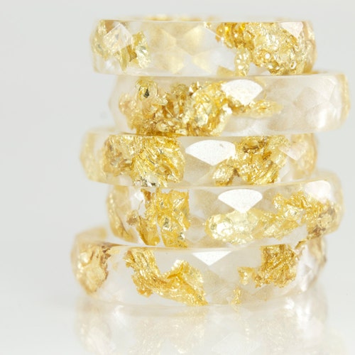 Resin Ring Clear Eco Resin Faceted Ring With Gold Flakes Etsy