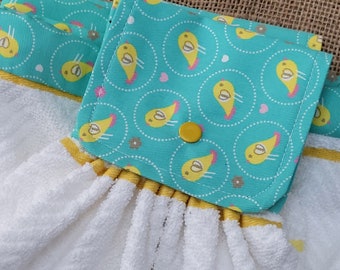 2 Kitchen Hanging Towels - White with yellow stripes and Little Yellow Peeps