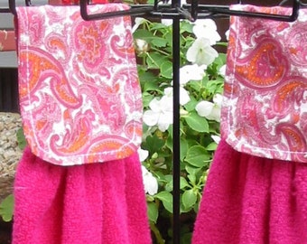 2 Fuchsia and Paisley Hanging Towels Bathroom Pink, Orange, Cool, Dark Pink