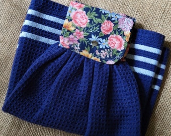 2 Kitchen Hanging Towels - Navy Blue and Floral