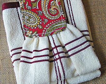 Set of Hanging Kitchen Towels, paisley, burgundy, off-white