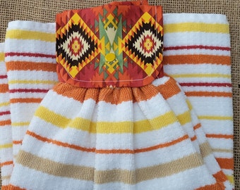 2 Kitchen Hanging Towels - Southwestern Orange Yellow White Beige Stripes