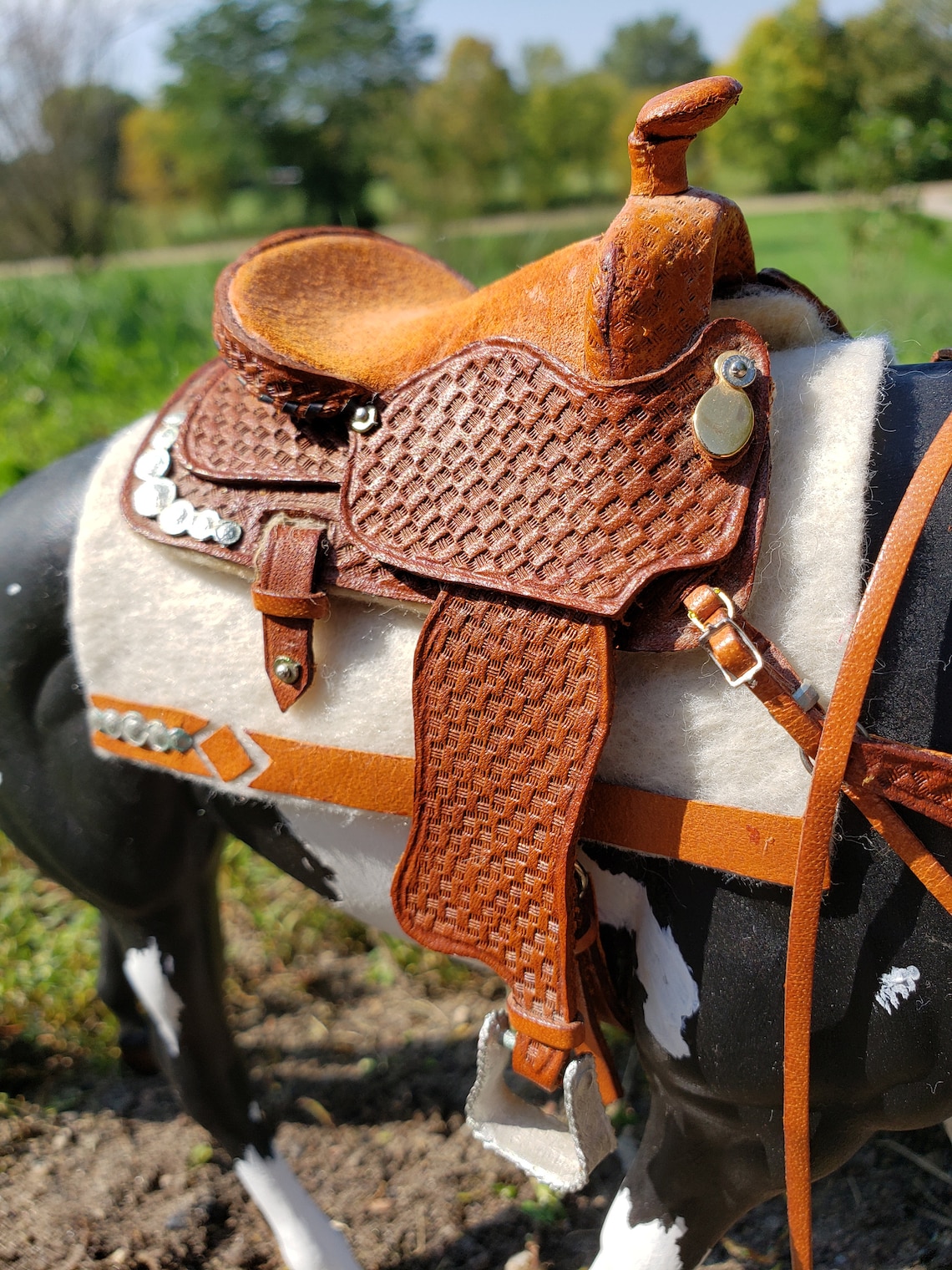 Handmade Western Tan Basket Weave Saddle. Breyer Horse Traditional