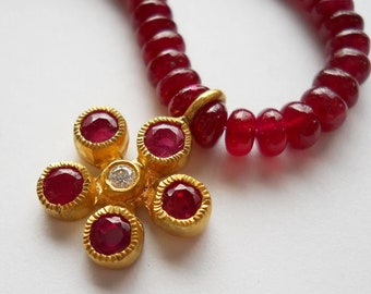 Ruby And Diamond Necklace, Natural Ruby Pendant, 22K Gold, Ruby Flower Pendant, Ruby Beaded Necklace, Rare Find Necklace, One Of A Kind Gift