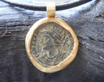 Ancient Roman Coin Pendant For Necklace, Genuine Ancient Coin Charm, 18K Gold, Roman Coin Jewelry, Vintage Gold Coin Charm, Historical Gift