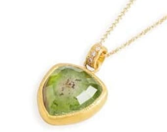 Green Tourmaline Pendant, Natural Diamond Bail, 22K Gold, Natural Tourmaline Necklace, 18K Gold Chain, Ancient Necklace Antique, Hand Made