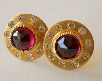 Made to Order Women&#39;s 22K Stud Earring set with Pink Tourmaline and Diamonds, Luxury, One Of A Kind