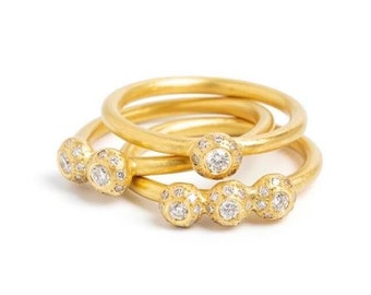 Women Diamond Stacking Ring, 18K Gold, 22K Gold, Set of 3 Sea Urchin Diamond Rings, One Of A Kind, White Natural Diamonds, Handmade Rings