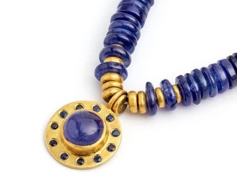 Natural Tanzanite Necklace, Tanzanite and Sapphire Pendant, 22K Gold, Blue Natural Sapphire Bead Necklace, Unusual Gemstone Jewelry Gift