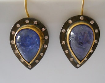 Made To Order Women&#39;s 22K/Fine Silver Tanzanite and Natural Diamond Earrings, Rare, One Of A Kind, Luxury