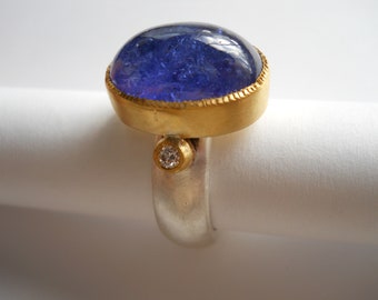 Tanzanite And Diamond Ring, Blue Natural Tanzanite, 2 Natural Diamonds, 22K Gold And Fine Silver Band, Ancient Ring Style, Rare Find Ring