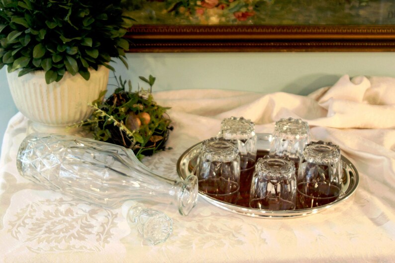 Vintage Decanter Set Round Bar Tray 7 Piece Bar Set Etsy