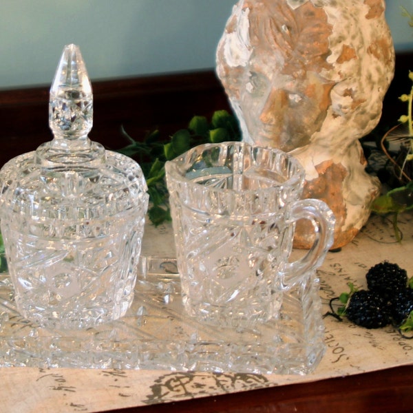 Heavy Lead Crystal Wheel Cut Cream & Sugar on Matching Tray - Matching Set - Large Finial Lid