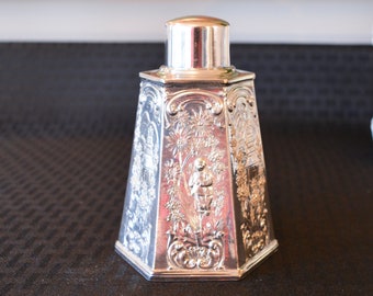 Barbour Silver Plate Tea Caddy - Silver Plate Repousse Hexagon Tea Caddy - Asian Motif Silver Plate Tea Caddy - Silver Plate Canister