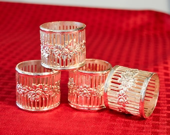 Set of 4 Silver Plate Napkin Rings - Pierced Silver Plate Napkin Rings with Roses - Floral Silver Napkin Rings