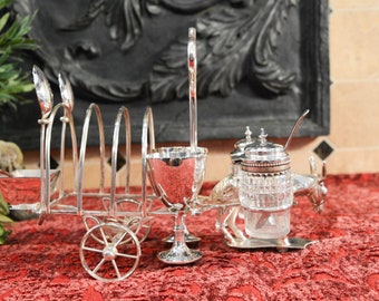 Antique English Silver Plate Cruet Set - Novelty Silver Toast Rack - Condiment Cruet - Silver Egg Cup Caddy - 1869 Silver Breakfast Caddy