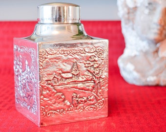 EG Webster Silver Plate Tea Caddy - Antique Silver Plate Canister - Repousse Silver Plate With Lid - Pastoral Scenes - Silver Tea Box
