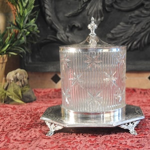 Antique English Biscuit Barrel - Victorian Silver and Glass Biscuit Barrel -