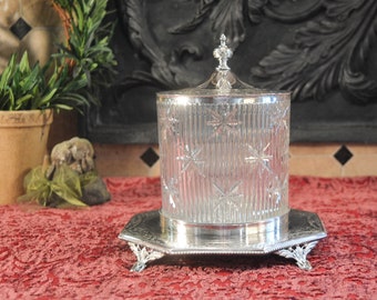 Antique English Biscuit Barrel - Victorian Silver and Glass Biscuit Barrel -